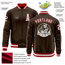 Laden Sie das Bild in den Galerie-Viewer, Custom Brown White-Red Bomber Varsity Letterman Zipper Jacket