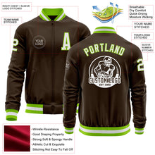 Laden Sie das Bild in den Galerie-Viewer, Custom Brown White-Neon Green Bomber Varsity Letterman Zipper Jacket