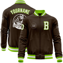 Laden Sie das Bild in den Galerie-Viewer, Custom Brown White-Neon Green Bomber Varsity Letterman Zipper Jacket