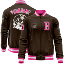 Laden Sie das Bild in den Galerie-Viewer, Custom Brown Pink-White Bomber Varsity Letterman Zipper Jacket