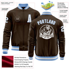 Laden Sie das Bild in den Galerie-Viewer, Custom Brown White-Light Blue Bomber Varsity Letterman Zipper Jacket