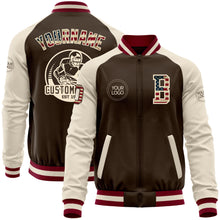 Laden Sie das Bild in den Galerie-Viewer, Custom Brown Vintage USA Flag Cream-Maroon Bomber Varsity Letterman Two Tone Zipper Jacket
