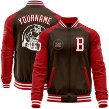 Laden Sie das Bild in den Galerie-Viewer, Custom Brown White-Red Bomber Varsity Letterman Two Tone Zipper Jacket