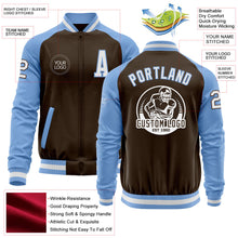 Laden Sie das Bild in den Galerie-Viewer, Custom Brown White-Light Blue Bomber Varsity Letterman Two Tone Zipper Jacket
