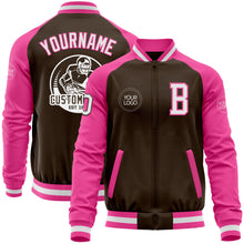 Laden Sie das Bild in den Galerie-Viewer, Custom Brown White-Pink Bomber Varsity Letterman Two Tone Zipper Jacket