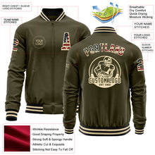 Laden Sie das Bild in den Galerie-Viewer, Custom Olive Vintage USA Flag Cream-Black Bomber Varsity Letterman Salute To Service Zipper Jacket