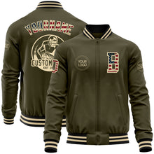 Laden Sie das Bild in den Galerie-Viewer, Custom Olive Vintage USA Flag Cream-Black Bomber Varsity Letterman Salute To Service Zipper Jacket