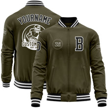 Laden Sie das Bild in den Galerie-Viewer, Custom Olive Black-White Bomber Varsity Letterman Salute To Service Zipper Jacket