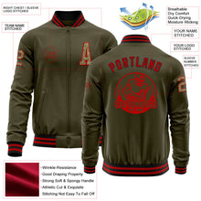 Laden Sie das Bild in den Galerie-Viewer, Custom Olive Camo Red-Black Bomber Varsity Letterman Salute To Service Zipper Jacket