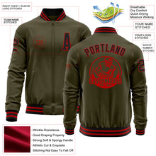 Laden Sie das Bild in den Galerie-Viewer, Custom Olive Black-Red Bomber Varsity Letterman Salute To Service Zipper Jacket