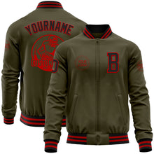 Laden Sie das Bild in den Galerie-Viewer, Custom Olive Black-Red Bomber Varsity Letterman Salute To Service Zipper Jacket