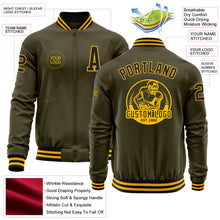 Laden Sie das Bild in den Galerie-Viewer, Custom Olive Black-Gold Bomber Varsity Letterman Salute To Service Zipper Jacket