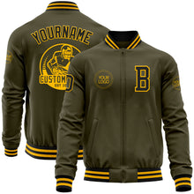 Laden Sie das Bild in den Galerie-Viewer, Custom Olive Black-Gold Bomber Varsity Letterman Salute To Service Zipper Jacket