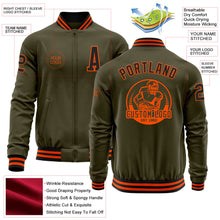 Laden Sie das Bild in den Galerie-Viewer, Custom Olive Black-Orange Bomber Varsity Letterman Salute To Service Zipper Jacket
