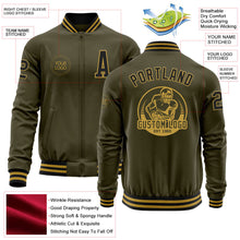 Laden Sie das Bild in den Galerie-Viewer, Custom Olive Black-Old Gold Bomber Varsity Letterman Salute To Service Zipper Jacket