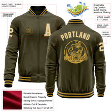Laden Sie das Bild in den Galerie-Viewer, Custom Olive Cream Old Gold-Black Bomber Varsity Letterman Salute To Service Zipper Jacket
