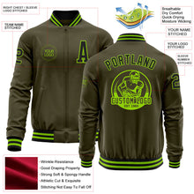 Laden Sie das Bild in den Galerie-Viewer, Custom Olive Black-Neon Green Bomber Varsity Letterman Salute To Service Zipper Jacket