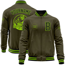 Laden Sie das Bild in den Galerie-Viewer, Custom Olive Black-Neon Green Bomber Varsity Letterman Salute To Service Zipper Jacket