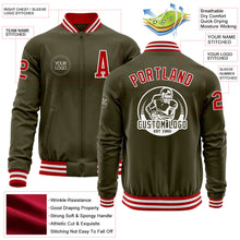 Laden Sie das Bild in den Galerie-Viewer, Custom Olive Red-White Bomber Varsity Letterman Salute To Service Zipper Jacket