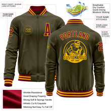 Laden Sie das Bild in den Galerie-Viewer, Custom Olive Crimson-Gold Bomber Varsity Letterman Salute To Service Zipper Jacket