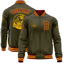 Laden Sie das Bild in den Galerie-Viewer, Custom Olive Crimson-Gold Bomber Varsity Letterman Salute To Service Zipper Jacket