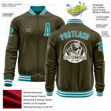 Laden Sie das Bild in den Galerie-Viewer, Custom Olive Teal-White Bomber Varsity Letterman Salute To Service Zipper Jacket
