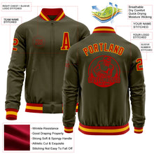 Laden Sie das Bild in den Galerie-Viewer, Custom Olive Red-Gold Bomber Varsity Letterman Salute To Service Zipper Jacket