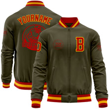 Laden Sie das Bild in den Galerie-Viewer, Custom Olive Red-Gold Bomber Varsity Letterman Salute To Service Zipper Jacket