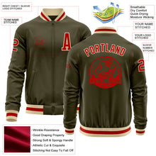 Laden Sie das Bild in den Galerie-Viewer, Custom Olive Red-Cream Bomber Varsity Letterman Salute To Service Zipper Jacket