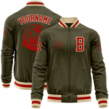 Laden Sie das Bild in den Galerie-Viewer, Custom Olive Red-Cream Bomber Varsity Letterman Salute To Service Zipper Jacket