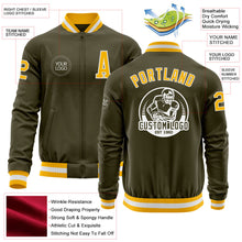 Laden Sie das Bild in den Galerie-Viewer, Custom Olive Gold-White Bomber Varsity Letterman Salute To Service Zipper Jacket