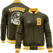 Laden Sie das Bild in den Galerie-Viewer, Custom Olive Gold-White Bomber Varsity Letterman Salute To Service Zipper Jacket