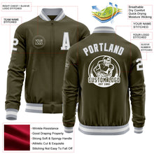 Laden Sie das Bild in den Galerie-Viewer, Custom Olive White-Gray Bomber Varsity Letterman Salute To Service Zipper Jacket