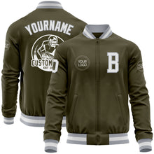 Laden Sie das Bild in den Galerie-Viewer, Custom Olive White-Gray Bomber Varsity Letterman Salute To Service Zipper Jacket
