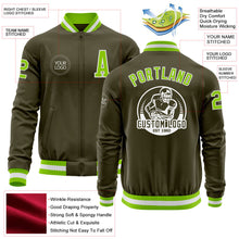 Laden Sie das Bild in den Galerie-Viewer, Custom Olive Neon Green-White Bomber Varsity Letterman Salute To Service Zipper Jacket