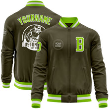 Laden Sie das Bild in den Galerie-Viewer, Custom Olive Neon Green-White Bomber Varsity Letterman Salute To Service Zipper Jacket