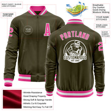 Laden Sie das Bild in den Galerie-Viewer, Custom Olive Pink-White Bomber Varsity Letterman Salute To Service Zipper Jacket