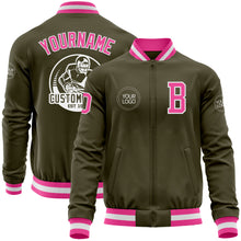 Laden Sie das Bild in den Galerie-Viewer, Custom Olive Pink-White Bomber Varsity Letterman Salute To Service Zipper Jacket