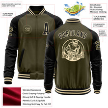 Laden Sie das Bild in den Galerie-Viewer, Custom Olive Black-Cream Bomber Varsity Letterman Two Tone Salute To Service Zipper Jacket