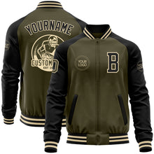 Laden Sie das Bild in den Galerie-Viewer, Custom Olive Black-Cream Bomber Varsity Letterman Two Tone Salute To Service Zipper Jacket