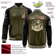 Laden Sie das Bild in den Galerie-Viewer, Custom Olive Vintage USA Flag Black-Cream Bomber Varsity Letterman Two Tone Salute To Service Zipper Jacket