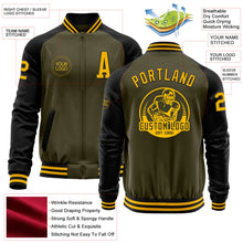 Laden Sie das Bild in den Galerie-Viewer, Custom Olive Gold-Black Bomber Varsity Letterman Two Tone Salute To Service Zipper Jacket