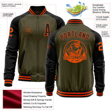 Laden Sie das Bild in den Galerie-Viewer, Custom Olive Orange-Black Bomber Varsity Letterman Two Tone Salute To Service Zipper Jacket
