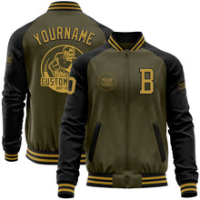 Laden Sie das Bild in den Galerie-Viewer, Custom Olive Old Gold-Black Bomber Varsity Letterman Two Tone Salute To Service Zipper Jacket