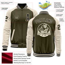 Laden Sie das Bild in den Galerie-Viewer, Custom Olive Black-Cream Bomber Varsity Letterman Two Tone Salute To Service Zipper Jacket