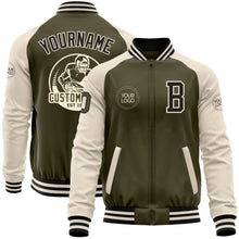 Laden Sie das Bild in den Galerie-Viewer, Custom Olive Black-Cream Bomber Varsity Letterman Two Tone Salute To Service Zipper Jacket