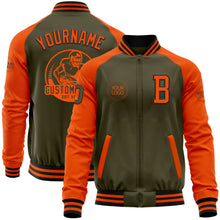 Laden Sie das Bild in den Galerie-Viewer, Custom Olive Black-Orange Bomber Varsity Letterman Two Tone Salute To Service Zipper Jacket