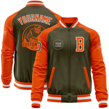 Laden Sie das Bild in den Galerie-Viewer, Custom Olive White-Orange Bomber Varsity Letterman Two Tone Salute To Service Zipper Jacket