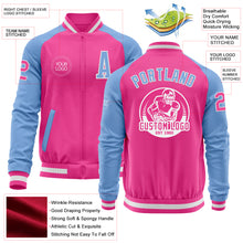 Laden Sie das Bild in den Galerie-Viewer, Custom Pink White-Light Blue Bomber Varsity Letterman Two Tone Zipper Jacket