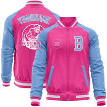 Laden Sie das Bild in den Galerie-Viewer, Custom Pink White-Light Blue Bomber Varsity Letterman Two Tone Zipper Jacket